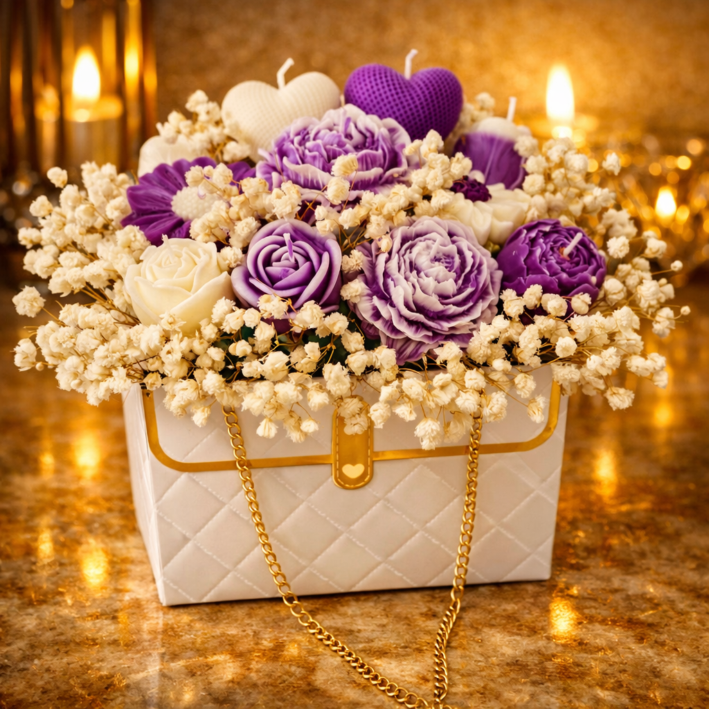 Kézzel készített lila gyertya virágbox – prémium ajándék – Adrienn's Candles